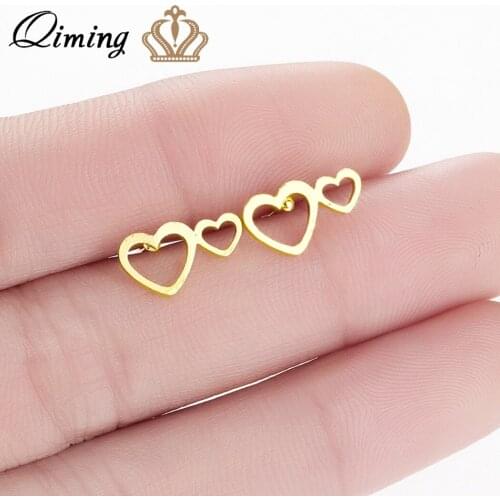 QIMING Double Love Heart Earrings Baby Women Cute Statement Jewelry Two Heart Stud Earrings Gold Girlfriend Gift