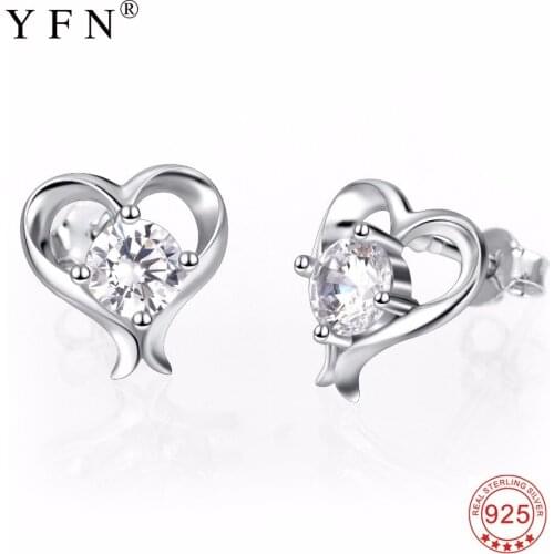 PYTZ0012-E YFN 925 Genuine Sterling Silver Cubic Zirconia Small Stud Earrings Love Heart Shape Earring Jewelry For Women