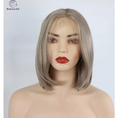 Wmandd 14 Inches Bob Synthetic Lace Front Wigs Light Grey Blonde Middle Part Hair Wigs For Women Daily Heat Resistant Fiber