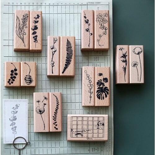 1 set Vintage botanic Plants Leaf Rubber Wooden Stamps For DIY Bullet Journal Scrapbooking Photo Album Decoration