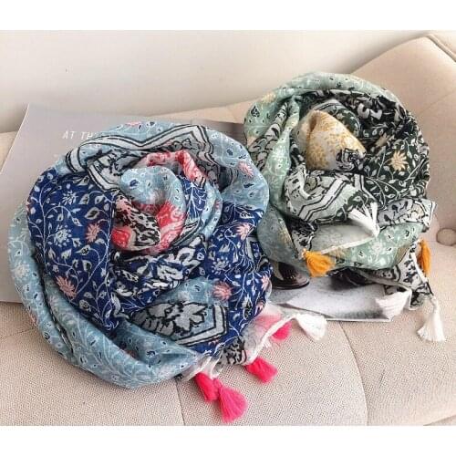 2019 Women Printed Pattern Cotton Voile Tassel Scarf 2Colors 10pcs/lot