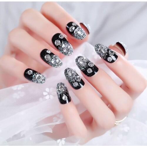 24pcs New Design Long Size Artificial Nail Glitter 3D Rhinestone Nail Art Tips with Glue Black Color DIY Fashion Fake Nails