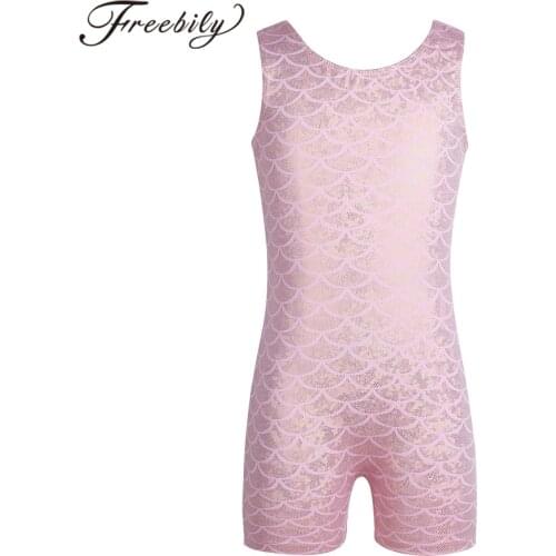 Kids Girls One-piece Swimwear Sleeveless Glittery Scales Printed Ballet Gymnastics Leotard Jumpsuit Unitard Children Dance Wear