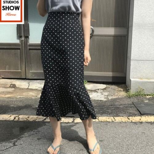 Design Skirts Womens Summer Japan Design Temperament Comfortable Ruffled Mermaid Little Black Polka Dot Skirt High Waist AQ663