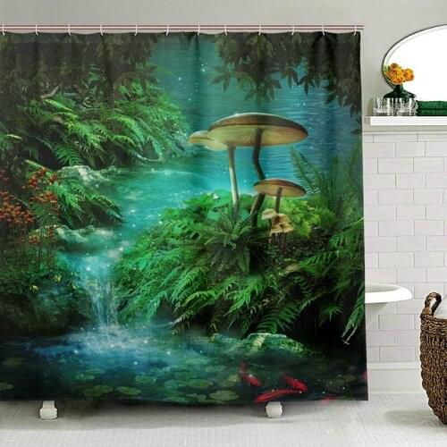 Fantasy River with A Pond Shower Curtain Fsh And Mushroom in Jungle Trees Waterproof Polyester Bathroom Curtain for Bath