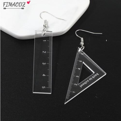 FIMAODZ Transparent Ruler Acrylic Earrings For Women Blue Pink Triangle Ruler Drop Earring Students Teacher Gift Jewelry