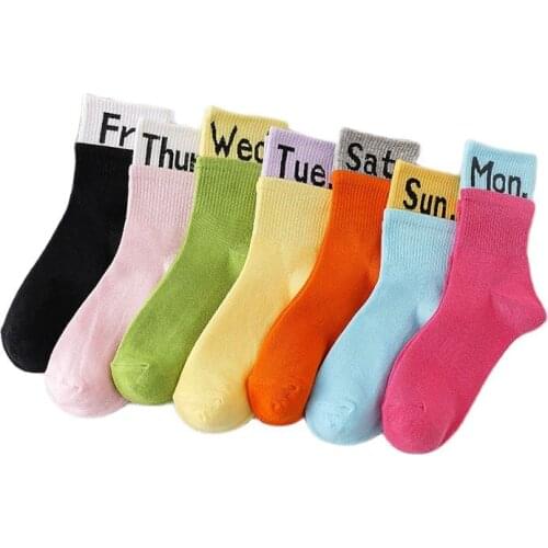 Letter Cotton Socks Women Week Black Fashion Casual Solid Color Short Sock Ladies Female Funny Harajuku Middle Tube Novelty Sox