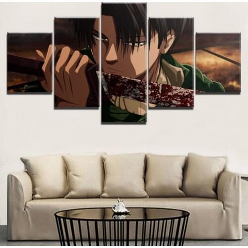Canvas Wall Art Print Anime Painting Frame Modern Picture 5 Panels Attack on Titan Blood Levi Ackerman Sword Poster Home Decor