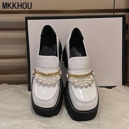 MKKHOU Fashion Loafers Womens New Leather Round Head White Beaded Comfortable Platform Casual Shoes Ladies White Shoes