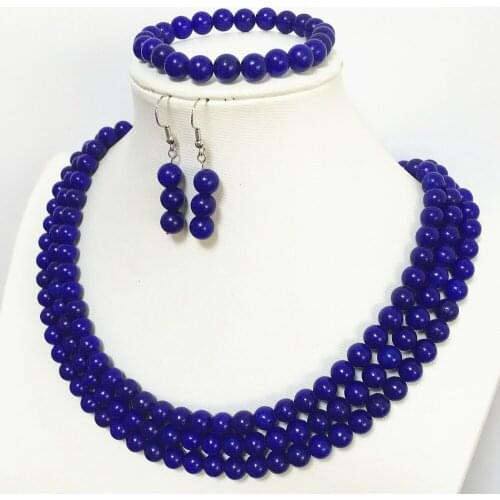 Fashion blue lapis lazuli 8mm round beads charms elegant 3 rows necklace bracelet earring best gift jewelry set 17-19inch B1516