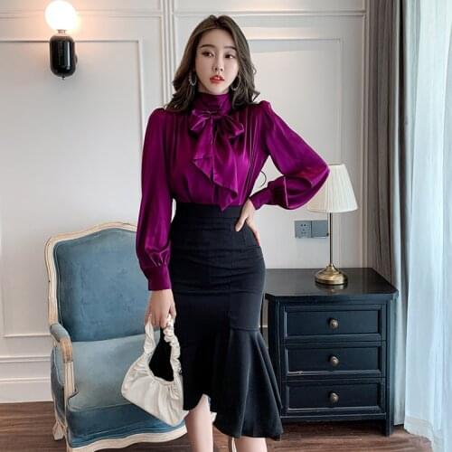 Fashion Women Set Silk Stretch Satin Long Sleeve Shirt & Ruffles Mermaid Bodycon Skirt 2 Pieces Casual Party Office Lady Suit