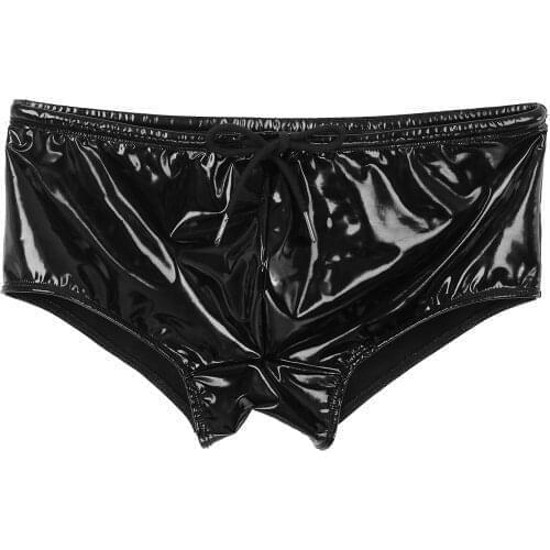 Men Sexy Shorts Wet Look Patent Leather Swimming Trunks Low Rise Drawstring Boxer Shorts Beach Wear Swimwear Party Clubwear