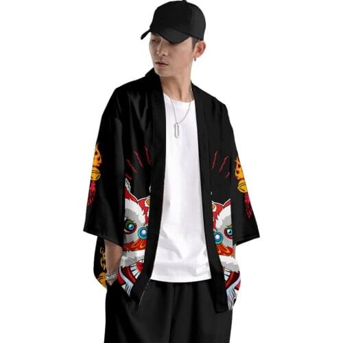 Men Chinese Style Black Print Cardigan Cosplay Shirt Blouse Yukata Streetwear Beach Traditional Kimono And Pants Suit