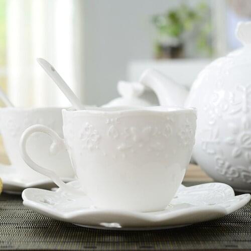 Lovers, ceramic coffee, cup and Saucer Set, pure white European relief, afternoon tea cup, household cup, spoon plate