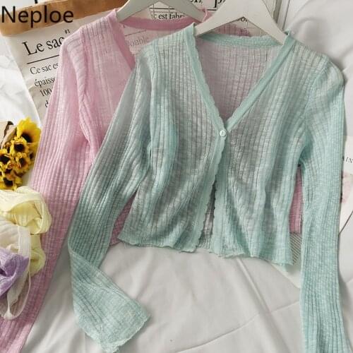 Neploe Knitted Pink Cardigans Women Summer Sunscreen Long Sleeve Cropped Cardigan Korean See Through Kimono Tops Fashion Sweater