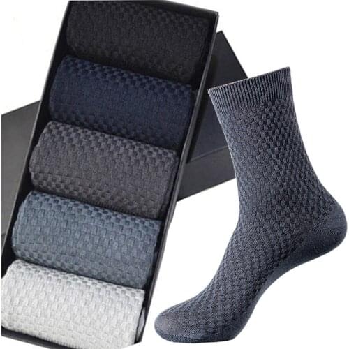 10 Pcs=5 Pairs Men Bamboo Fiber Socks Anti-Bacterial Breatheable Autumn Long Business Casual Male Dress Sock Plus Size 38-44