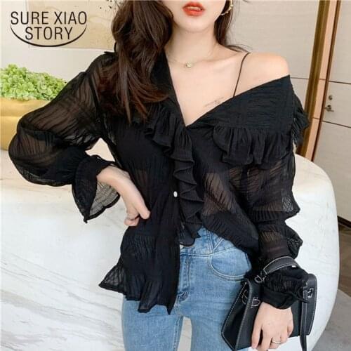 2020 New Autumn Puff Long Sleeve Pleated Chiffon Shirt Women Casual Loose V Neck Cardigan Women Blouse Solid Blusas Mujer 10572