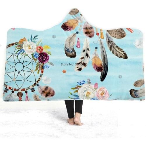 Wholesale Customize Feather 3D Print Dreamcatcher Spot Plush Hooded Blanket Adults Kid Warm Home Picnic Wearable Fleece Blankets