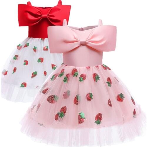 Girls Sequins Shoulderless Strawberry Mesh Dresses for Girl Christmas Birthday Party Pink Knee Length Tutu Dress with Big Bownot