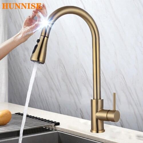 Touch Kitchen Faucet of Brushed Gold Pull Out Kitchen Mixer Tap Intelligent Sensor Kitchen Tap Smart Touch Kitchen Sink Faucets