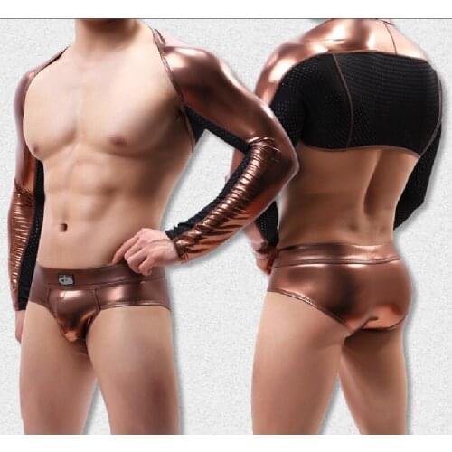 Sexy Men Hot Stamping Faux Leather Weskit Patent Leather Breathable Doublet Sleevelet Shawl Performance Short Close-Fitting Tops
