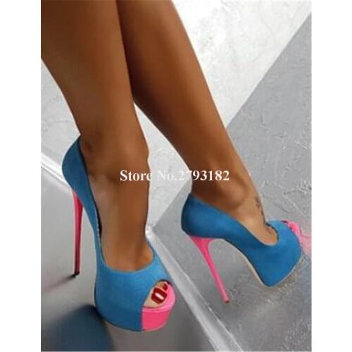 Women Fashion Peep Toe Suede Leather Stiletto Heel High Platform Pumps Blue Patchwork Super High Heels Evening Club Shoes