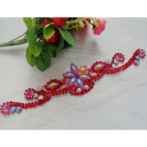 ZBROH 32*7cm hand made red crystal patches sew on Rhinestones applique for top dress skirt belt