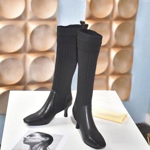 Hot Sell Womens Boots Genuine Leather Knee-high Boots Handmade Sock Boots Luxury Brands Square Toe High Heels With Plus Size 42