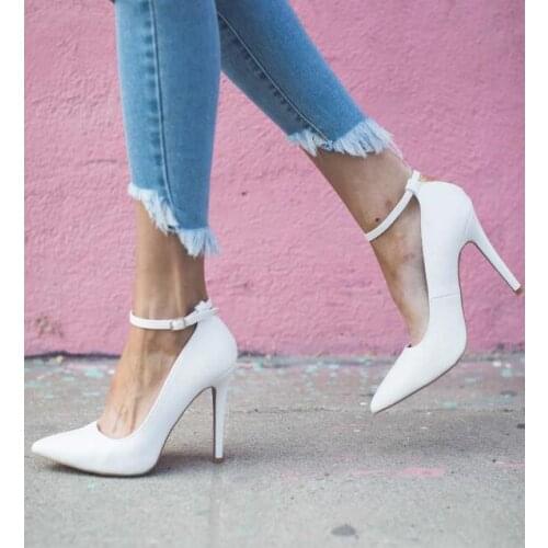 Moraima Snc White Leather High Heel Shoes Sexy Pointed Toe Ankle Strap Woman Pumps Super High Stiletto Heels
