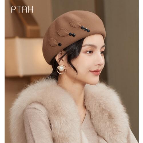 [PTAH] Autumn Winter Women Beret Temperament 100% Australian Wool Beanie Hats Vintage Plain Beret Solid Color Elegant Lady Caps