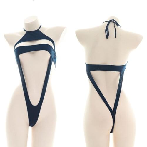 Japanese Style Womens High Split One-Pieces Open Chest Bikini Underwear Suit Sexy Girl Halter Bandage Pajamas Sukumizu Cosplay
