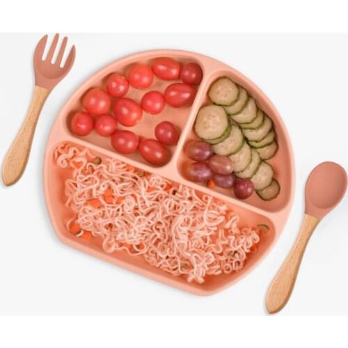 3Pcs/set Children Baby Feeding Plate with Spoon Fork Food Grade Silicone 3 Grids Kids Divided Bowls Non-Slip Tableware 12 Color