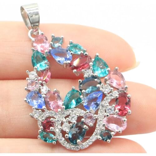 63x49mm SheCrown Dragonfly 10g Created Purple Amethyst White Bright Cubic Zircon Tourmaline CZ Silver Pendant