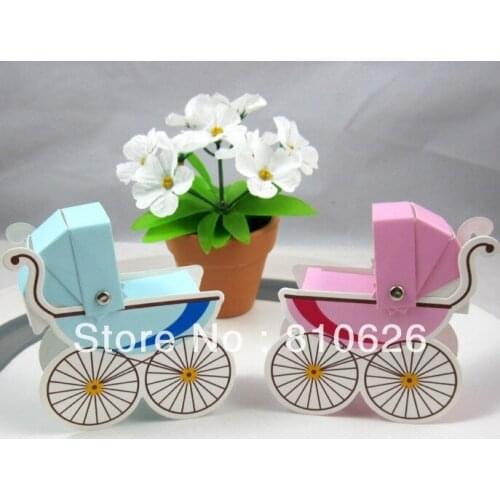 Free shipping 100pcs mix 2 color pink& Blue cute baby carriage candy box baby shower wedding party favors gifts chocolate box