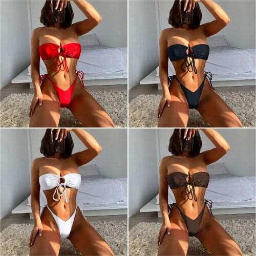 Strapless Bandage Bikini 2021 Women Swimwear Bust Bowknot Push Up Padded Biquini Low Waist Women Swimsuit Bathing Suit