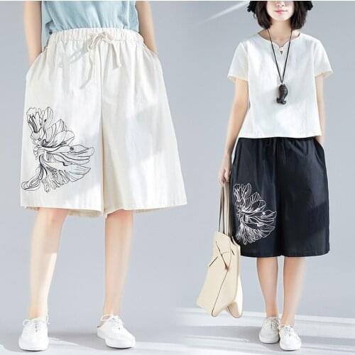 Pantacourt Ethnic Casual Pants Women 2019 Summer Online Chinese Store Embroidery Vintage Harajuku Baggy Breeches Trousers TA1554