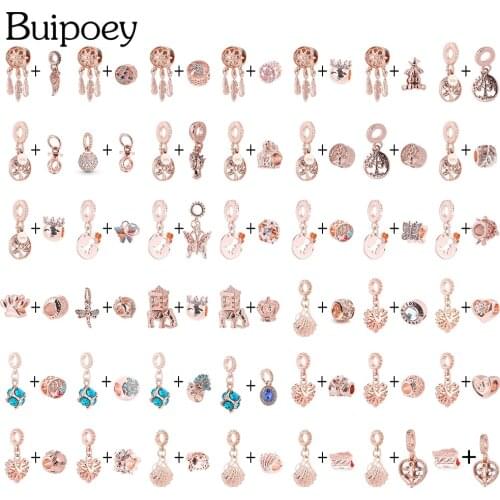 Buipoey Rose Gold Dreamcatcher Life Tree Beads Dinosaur Butterfly Shell Pendant Charm Fit Original Bracelets Jewelry Accessories