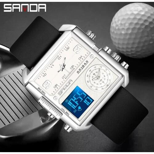 2021 Fashkon New Sanda Top Brand Mens Sports Watch 3 Time Zone Military Quartz Square Led Waterproof Male Clock Relogio Masculi