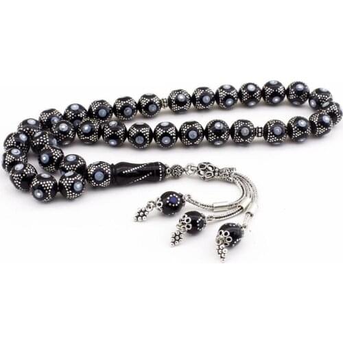 Natural Jet Stone Prayer Bead With Silver Tassel Men Rosary Islamic Tasbih With Grape Tassel 925 Sterling Silver