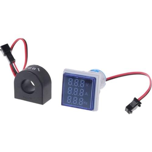 Digital 3in1 AC Ammeter Voltmeter Hz Current Frequency Meter Square Signal Light 22mm Digital Voltage Amp Hz Led Lamp Indicator