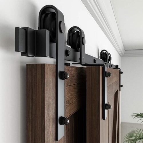 HACCER 4-9.6FT Bypass Sliding Barn Door Hardware Kit Carbon Steel Track Black Bent Hanger System for Modern Double-Acting Door