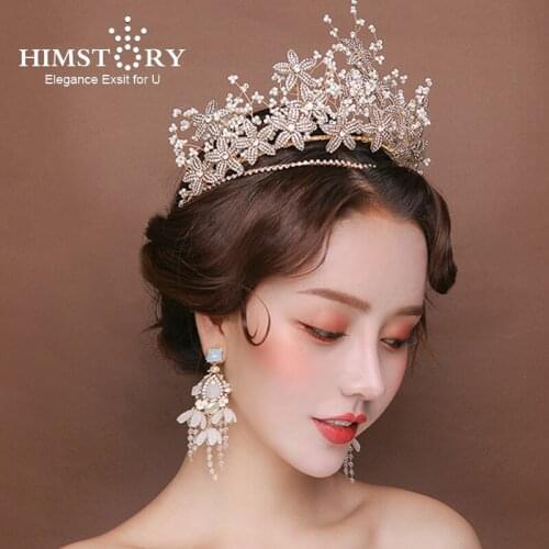 Himstory European Gold Brides Tiaras Crowns Handmade Oversize Brides Headpieces Wedding Headbands Accessory Evening Hair Jewelry