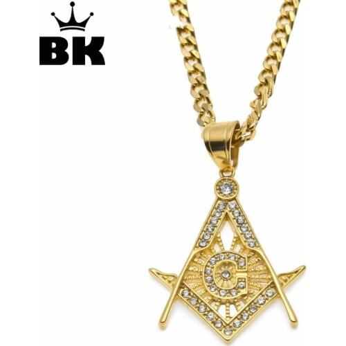 Hip Hop Gold Color Masonic Charm Pendant IcedOut Rhinestone Stainless Steel silver color Freemason Pendant Necklace Collar Chain
