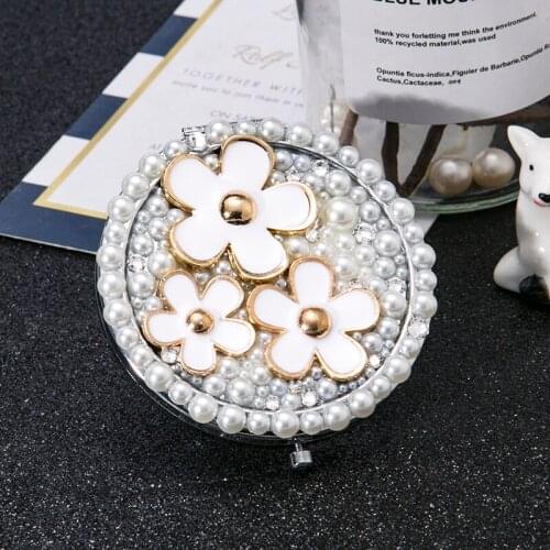 Free Engraving,Mini Pocket Cosmetic Makeup Mirror,2 Face Magnifying mirror makeup,Bling Pearl Flower,Women Girl Christmas Gifts