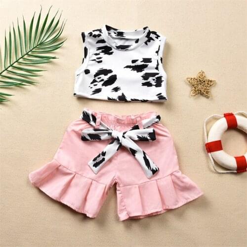 2Pcs Sweet Style Little Girls Outfit Children Summer Creative Cow Print Round Collar Sleeveless Short Vest + Lace Shorts Set