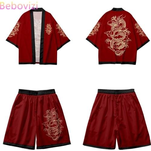 Dragon Print Yukata Harajuku Red Kimono Shorts Sets Patchwork Two-piece Suit Japanese Cardigan Men Cosplay Asian Traditional