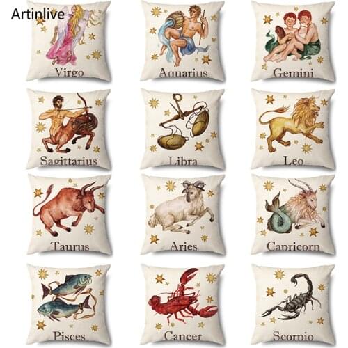 Artinlive Aries Leo Aries Virgo Cushion Cover 12 Constellations Cushion Case Home Decorative Pillow Case Cotton Linen Pillowcase