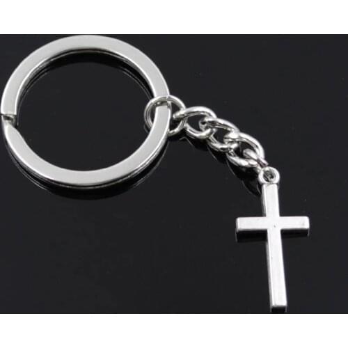 New Fashion Men 30mm Keychain DIY Metal Holder Chain Vintage Cross 13x27mm Silver Color Pendant Gift