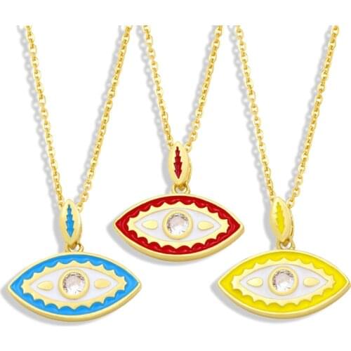 FLOLA Gold Chain Evil Eye Necklace Copper CZ Colorful White Stone Enamel Pendant Necklace Jewelry For Women nkey21