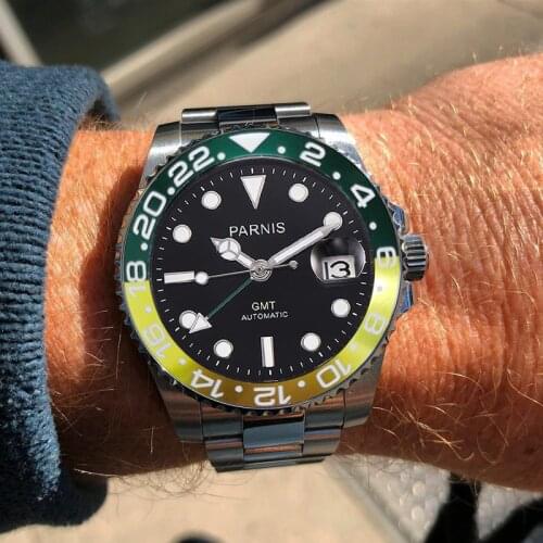 PARNIS Gift Dress GMT Gold Green Alloy Insert 40mm Mechancial Men Watch Brushed Oyster Bracelet Calendar Date